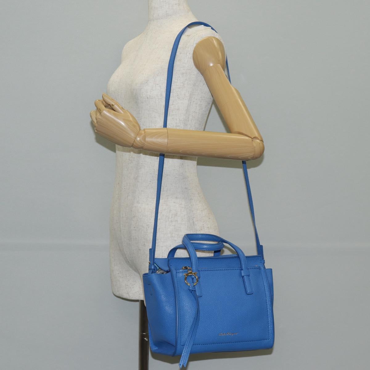 Salvatore Ferragamo Gancini Hand Bag Leather 2way Blue Gold Auth 140859V