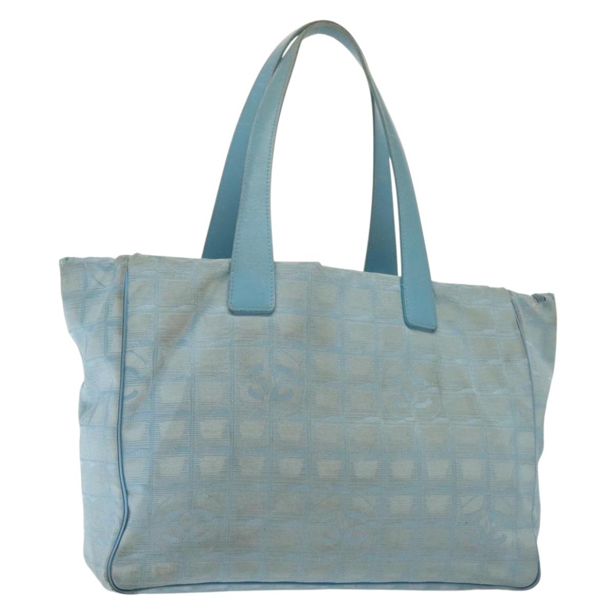 CHANEL New Travel Line Tote Bag Nylon Light Blue Silver CC Auth 140891