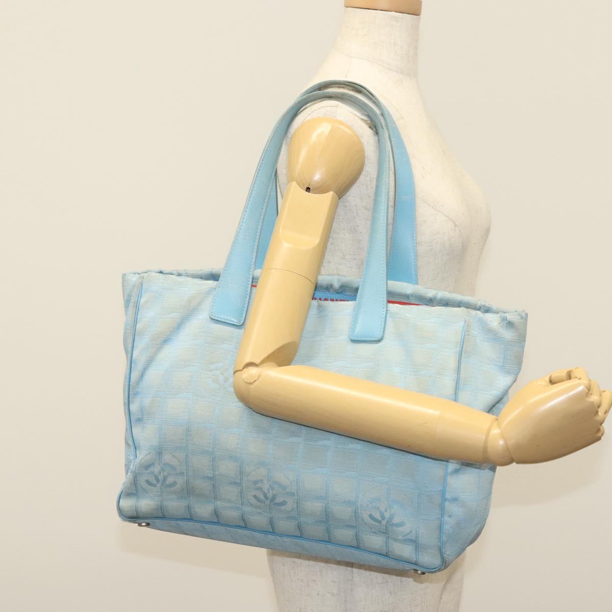 CHANEL New Travel Line Tote Bag Nylon Light Blue Silver CC Auth 140891