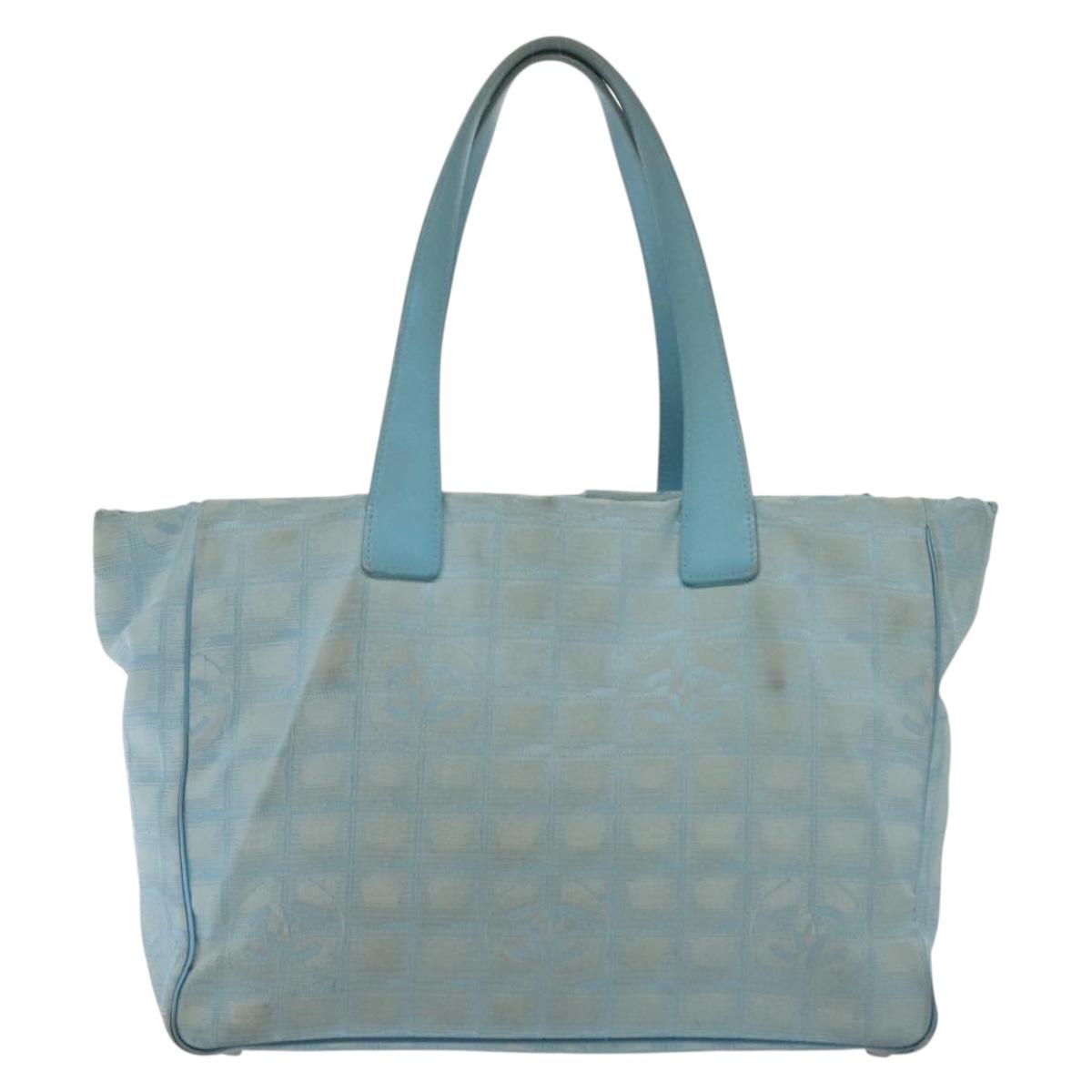 CHANEL New Travel Line Tote Bag Nylon Light Blue Silver CC Auth 140891