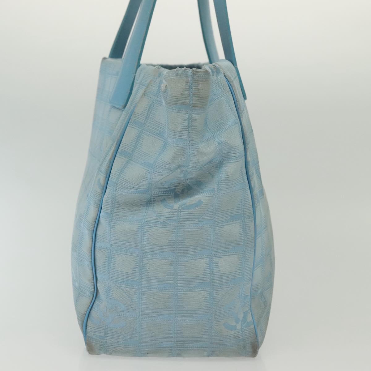 CHANEL New Travel Line Tote Bag Nylon Light Blue Silver CC Auth 140891