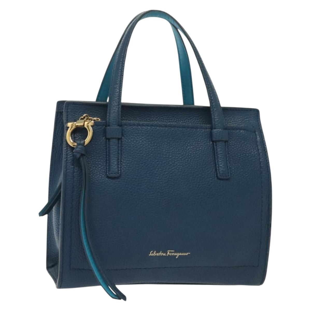 Salvatore Ferragamo Hand Bag Leather Blue Gold Auth 140893