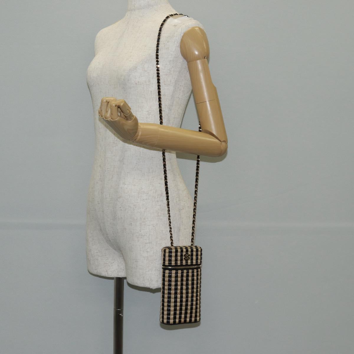 CHANEL Chain Phone Case Raffia Beige Gold CC Auth 140901SAM