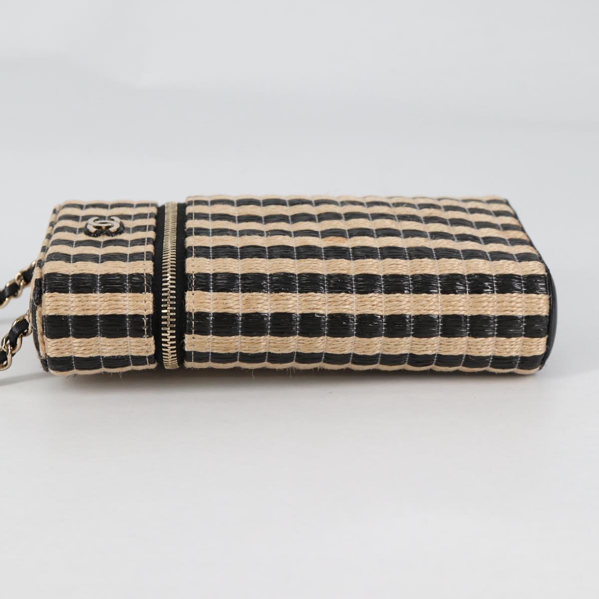 CHANEL Chain Phone Case Raffia Beige Gold CC Auth 140901SAM