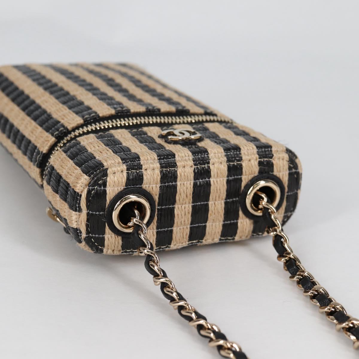 CHANEL Chain Phone Case Raffia Beige Gold CC Auth 140901SAM