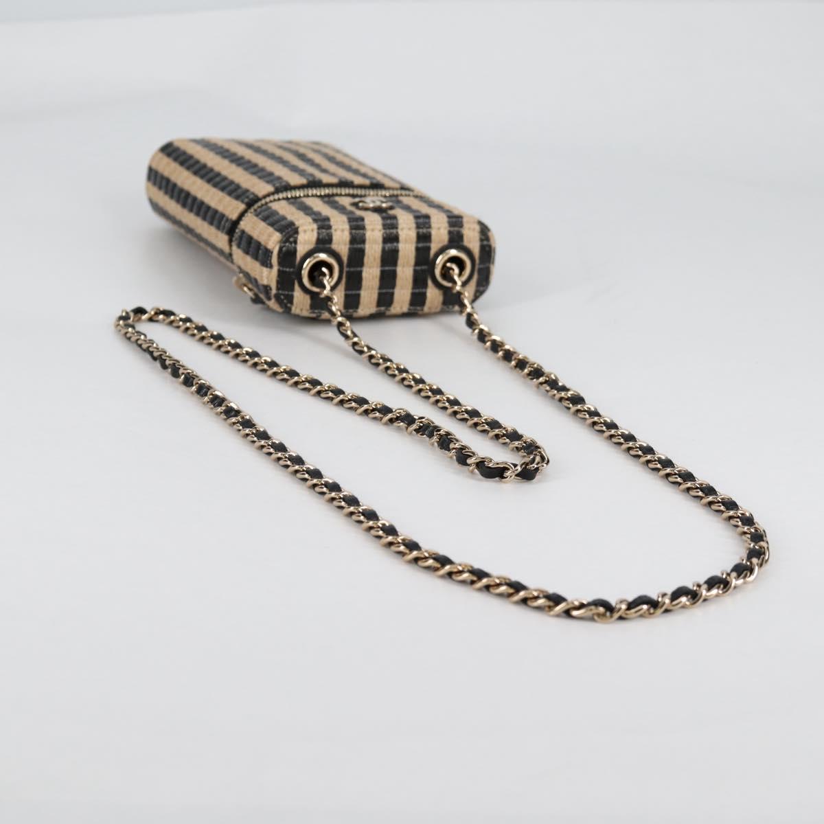 CHANEL Chain Phone Case Raffia Beige Gold CC Auth 140901SAM