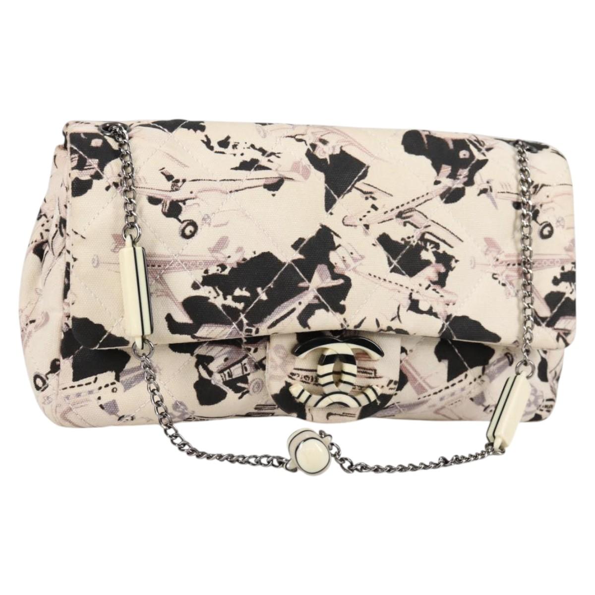 CHANEL Airline Shoulder Bag Canvas Beige Silver CC Auth 140904V