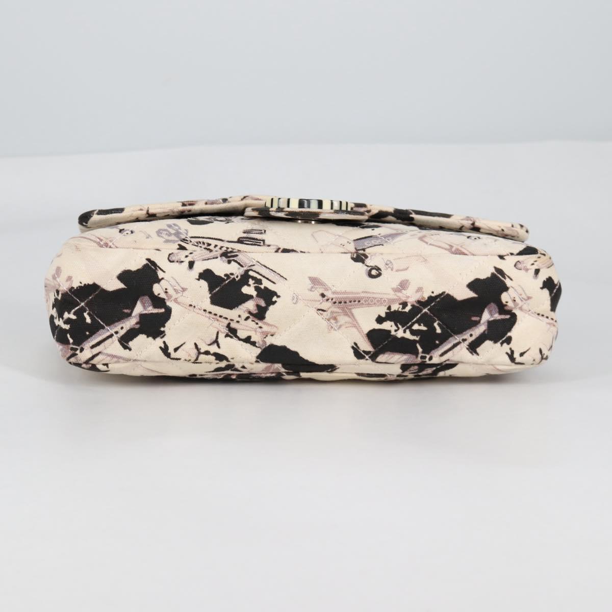 CHANEL Airline Shoulder Bag Canvas Beige Silver CC Auth 140904V