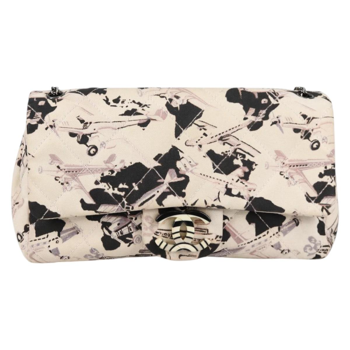 CHANEL Airline Shoulder Bag Canvas Beige Silver CC Auth 140904V