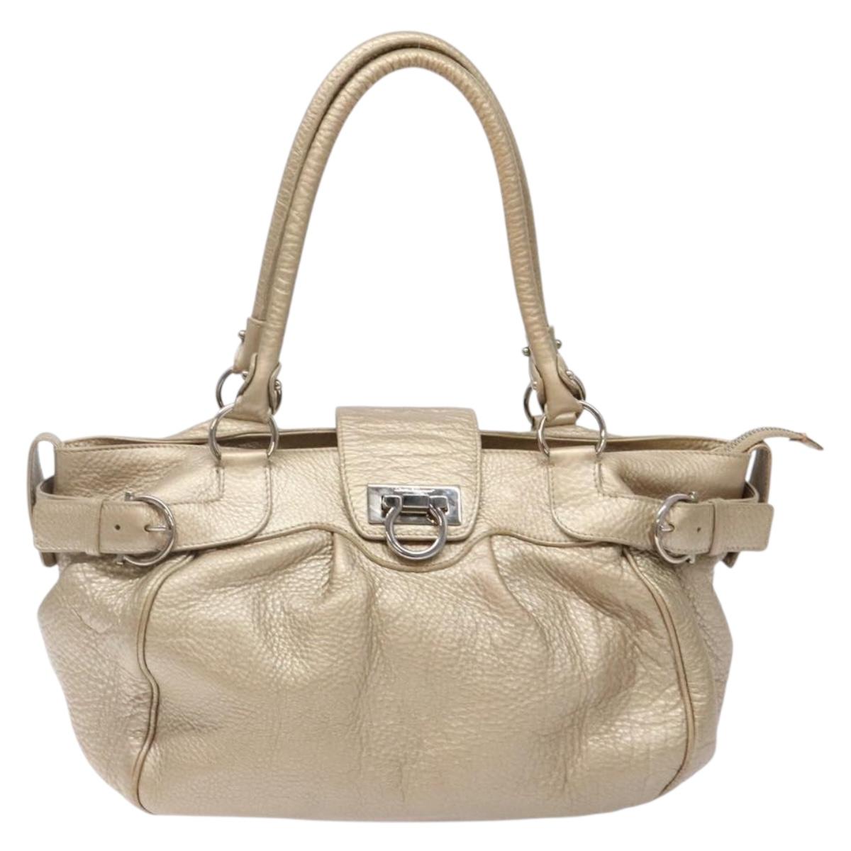 Salvatore Ferragamo Gancini Hand Bag Leather Gold Silver Auth 140914