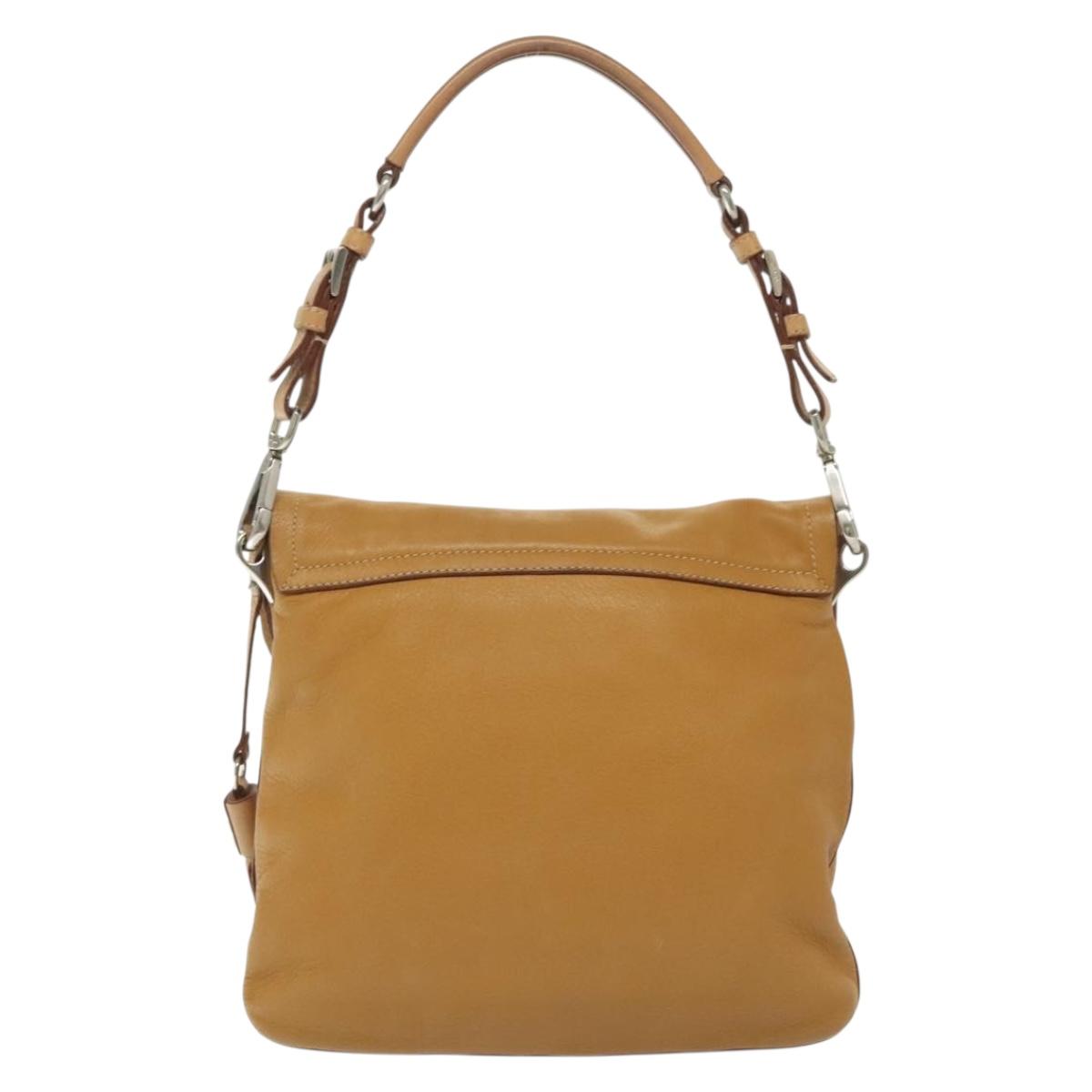PRADA Shoulder Bag Leather Beige Silver Auth 140921