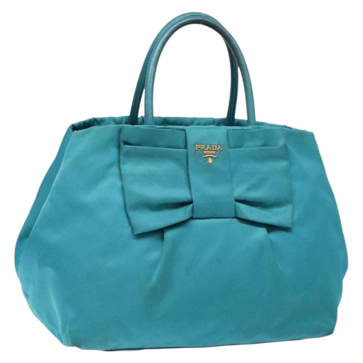 PRADA Hand Bag Nylon Turquoise Blue Gold Auth 140922