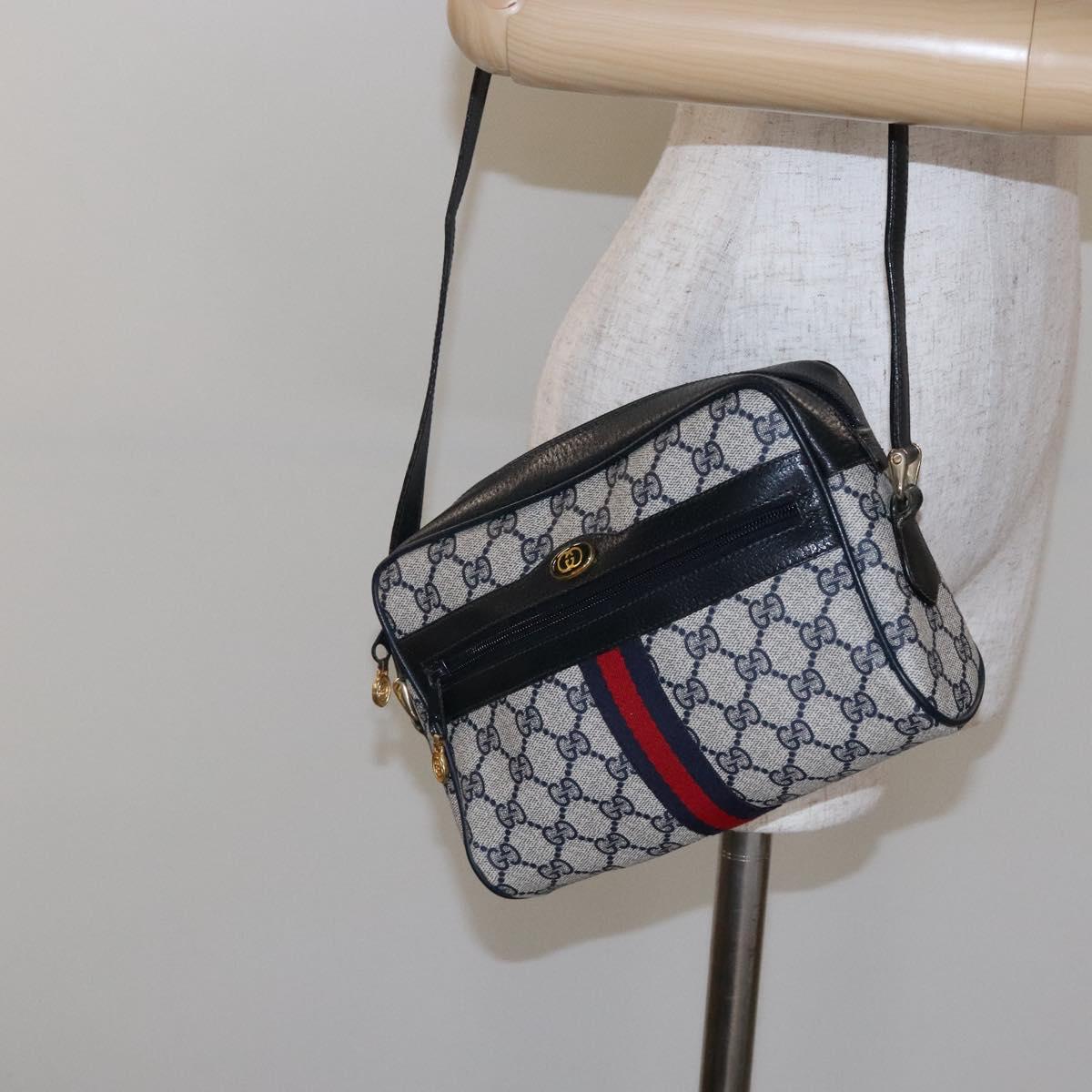 GUCCI GG Supreme Sherry Line Shoulder Bag PVC Navy Gold 378 02 004 Auth 140950