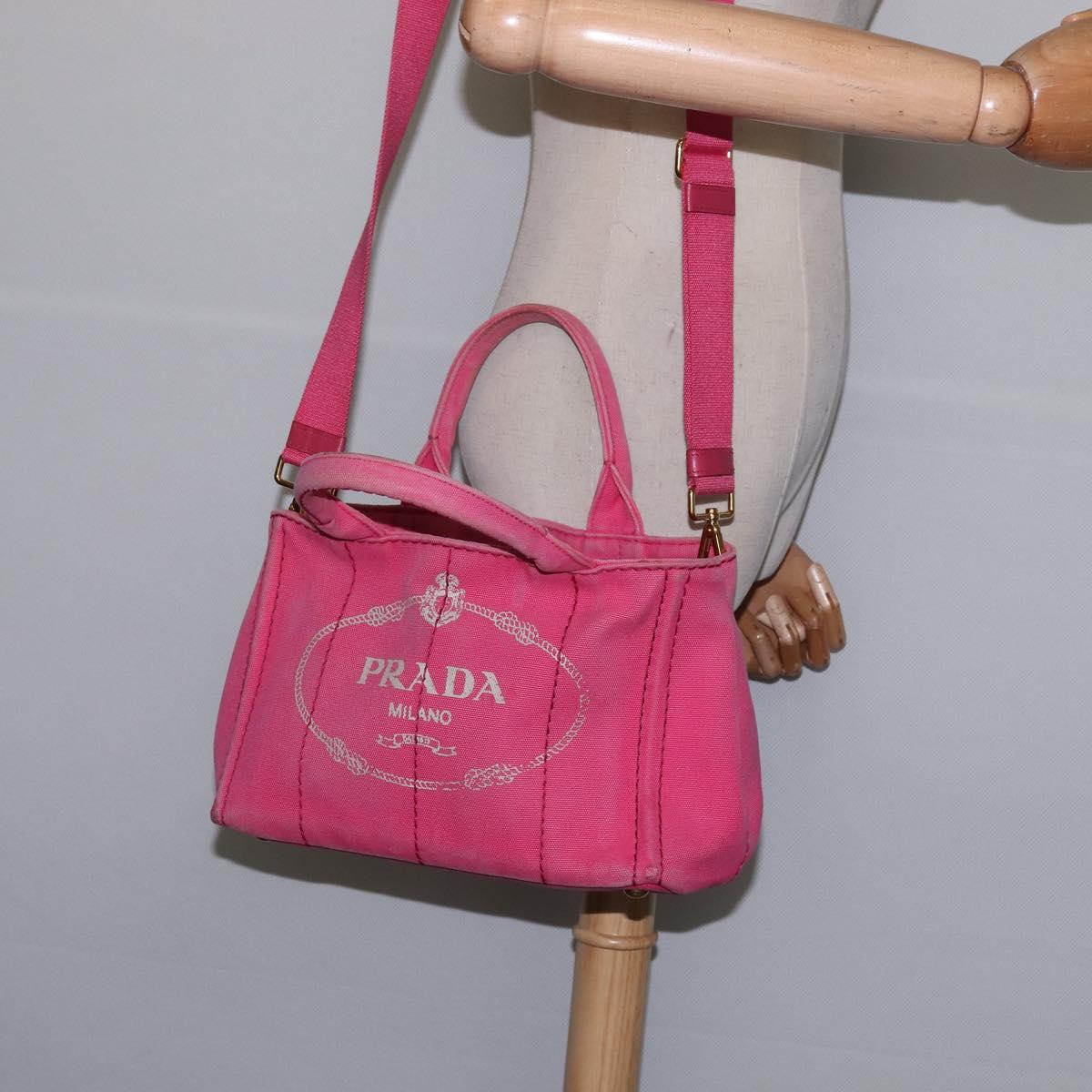 PRADA Canapa PM Hand Bag Canvas 2way Pink Gold Auth 140952