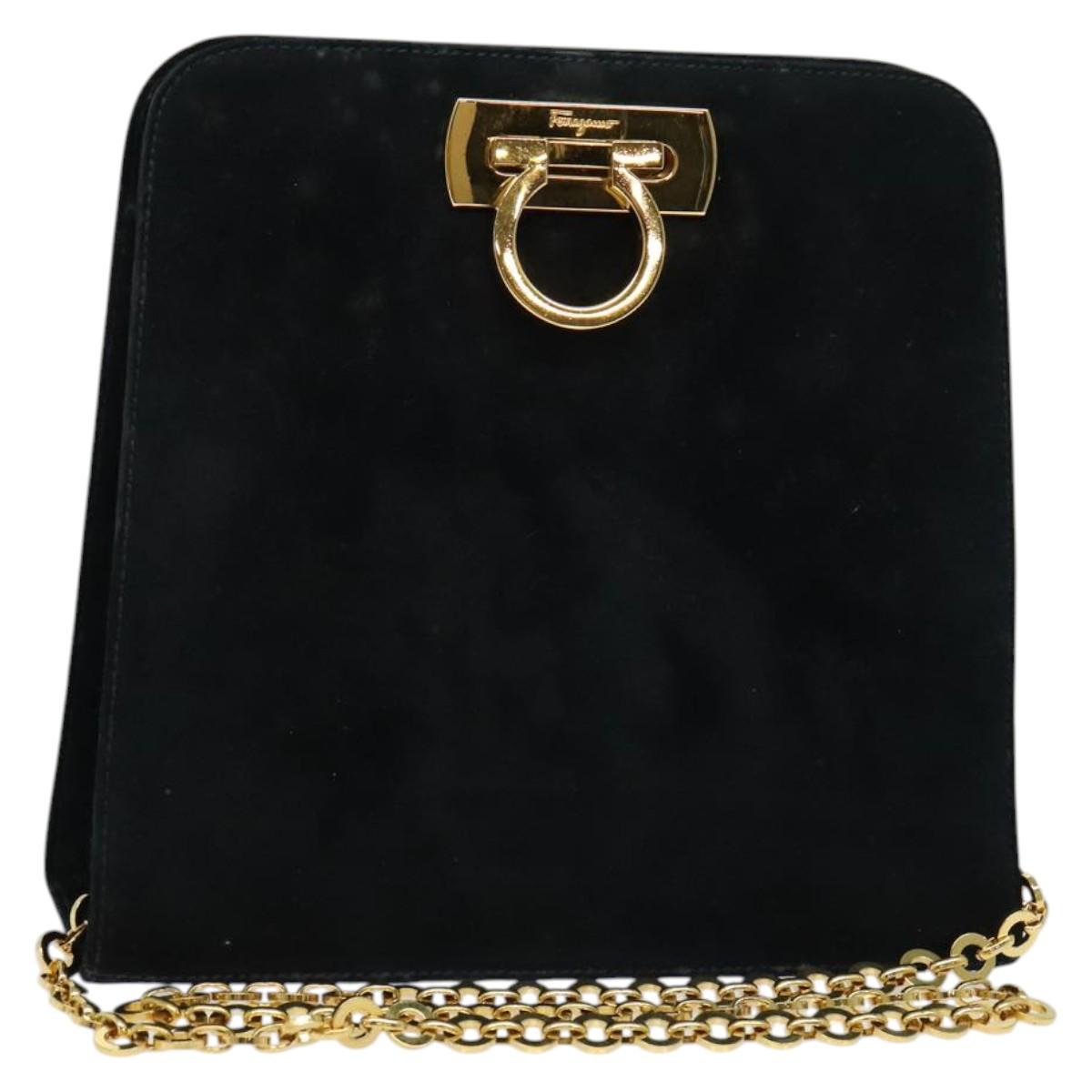 Salvatore Ferragamo Gancini Chain Shoulder Bag Suede Black Gold Auth 140965