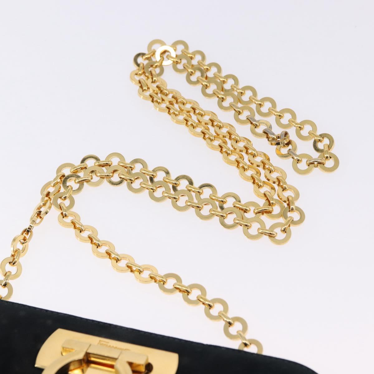 Salvatore Ferragamo Gancini Chain Shoulder Bag Suede Black Gold Auth 140965