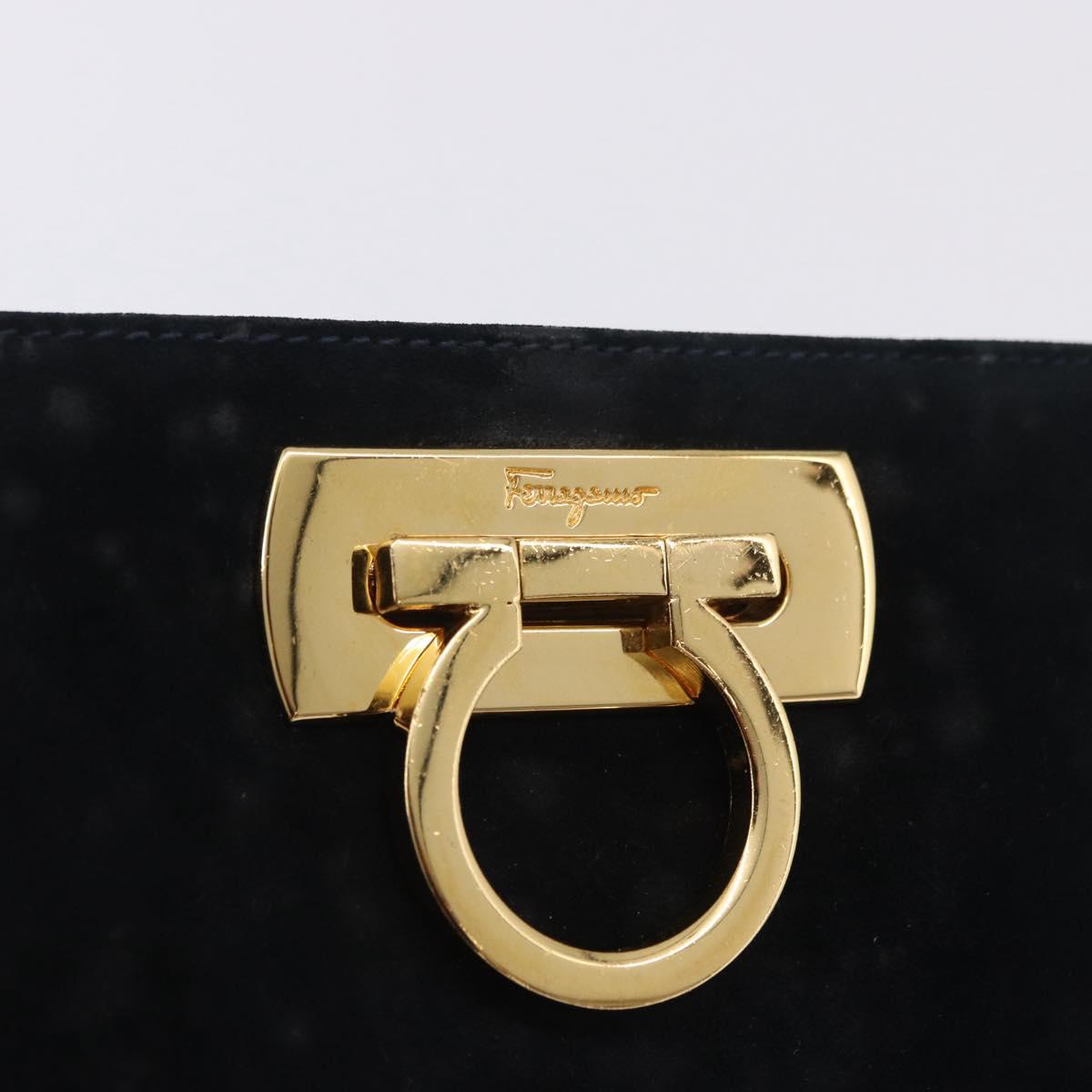 Salvatore Ferragamo Gancini Chain Shoulder Bag Suede Black Gold Auth 140965