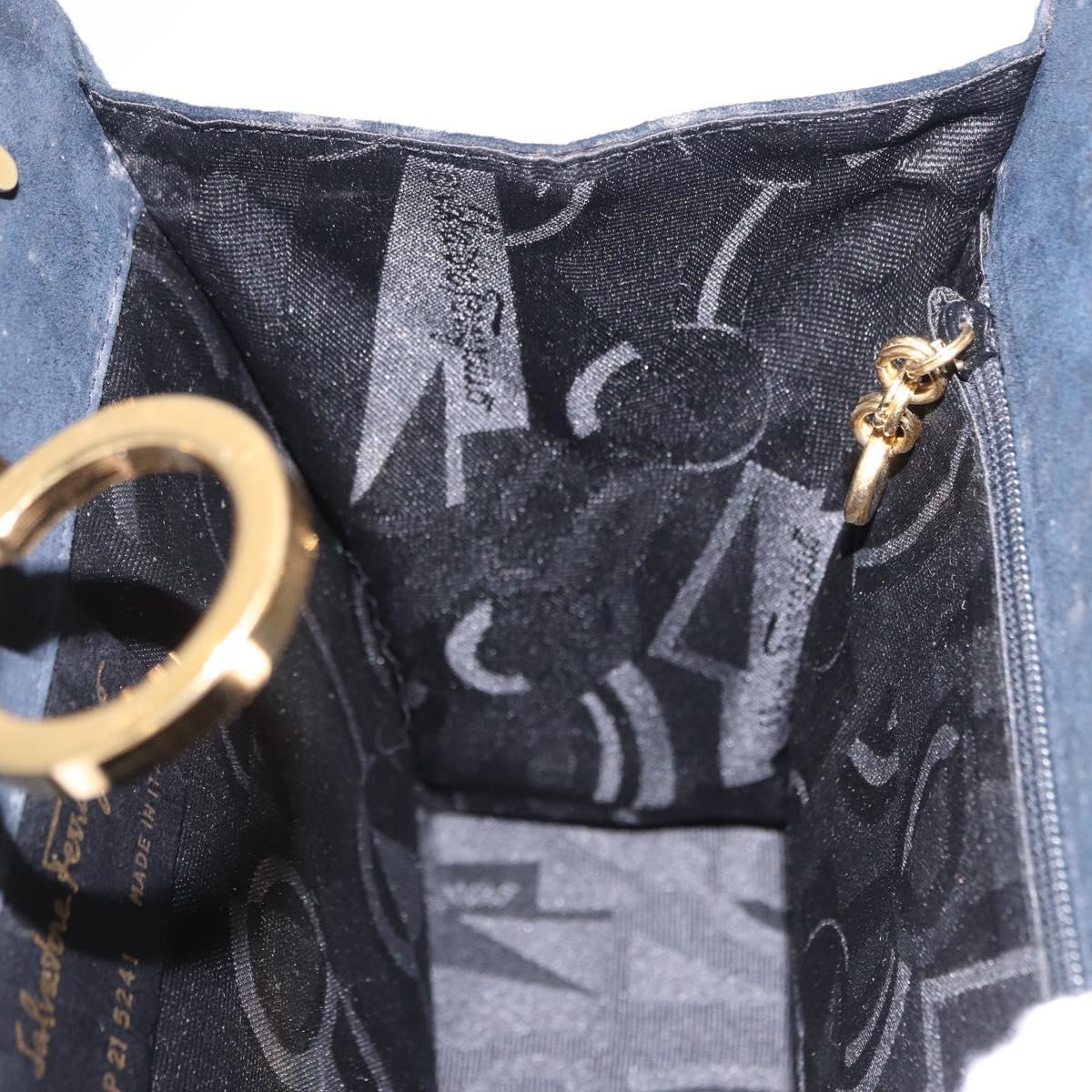 Salvatore Ferragamo Gancini Chain Shoulder Bag Suede Black Gold Auth 140965