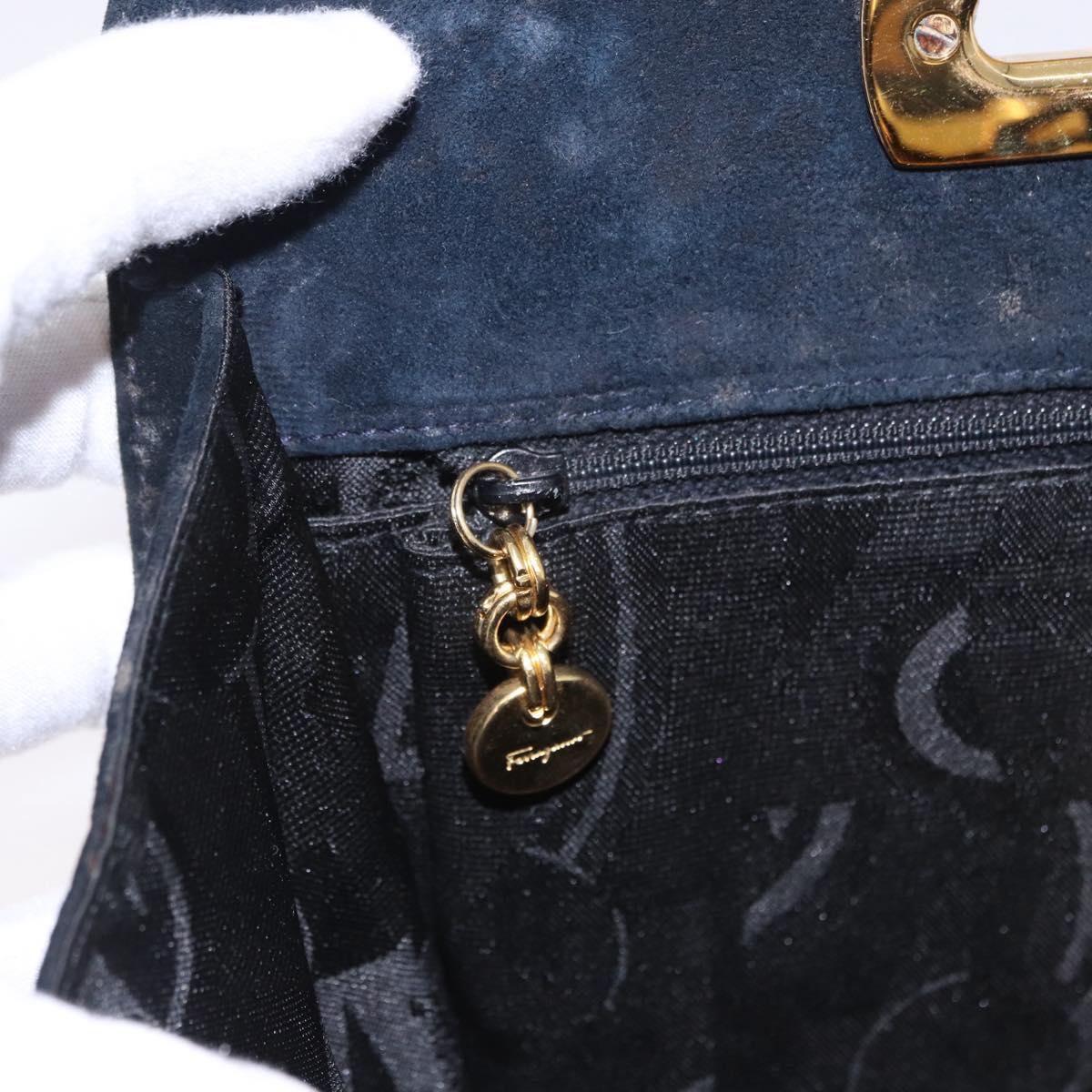 Salvatore Ferragamo Gancini Chain Shoulder Bag Suede Black Gold Auth 140965