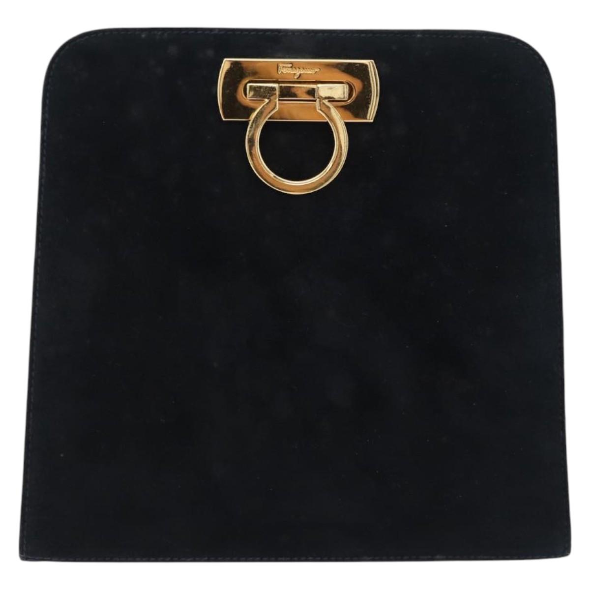 Salvatore Ferragamo Gancini Chain Shoulder Bag Suede Black Gold Auth 140965