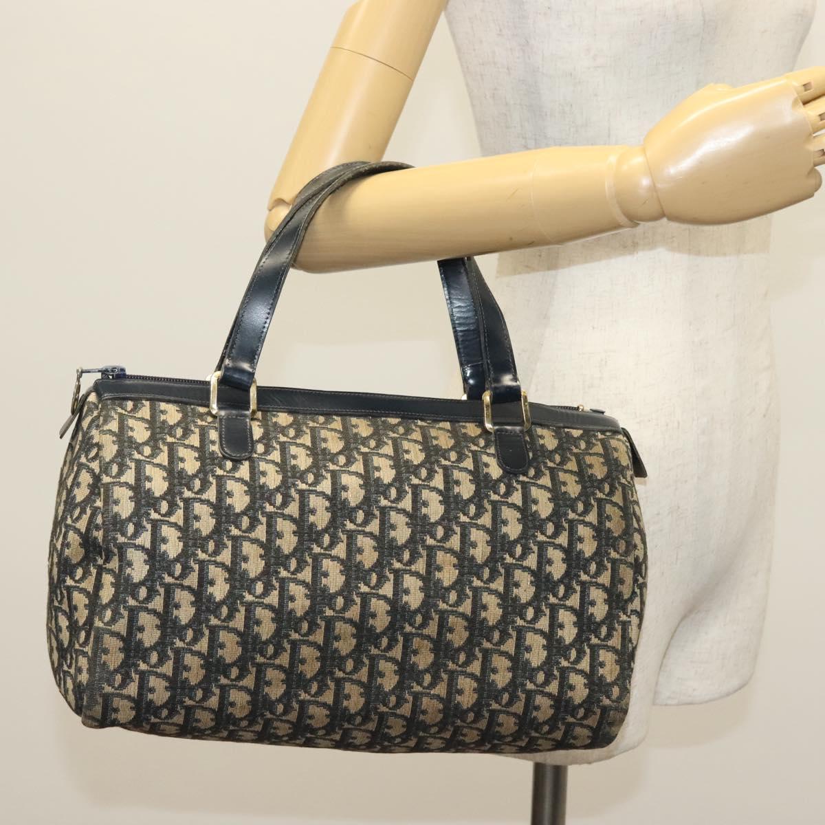 Christian Dior Trotter Canvas Boston Bag Navy Gold Auth 140966