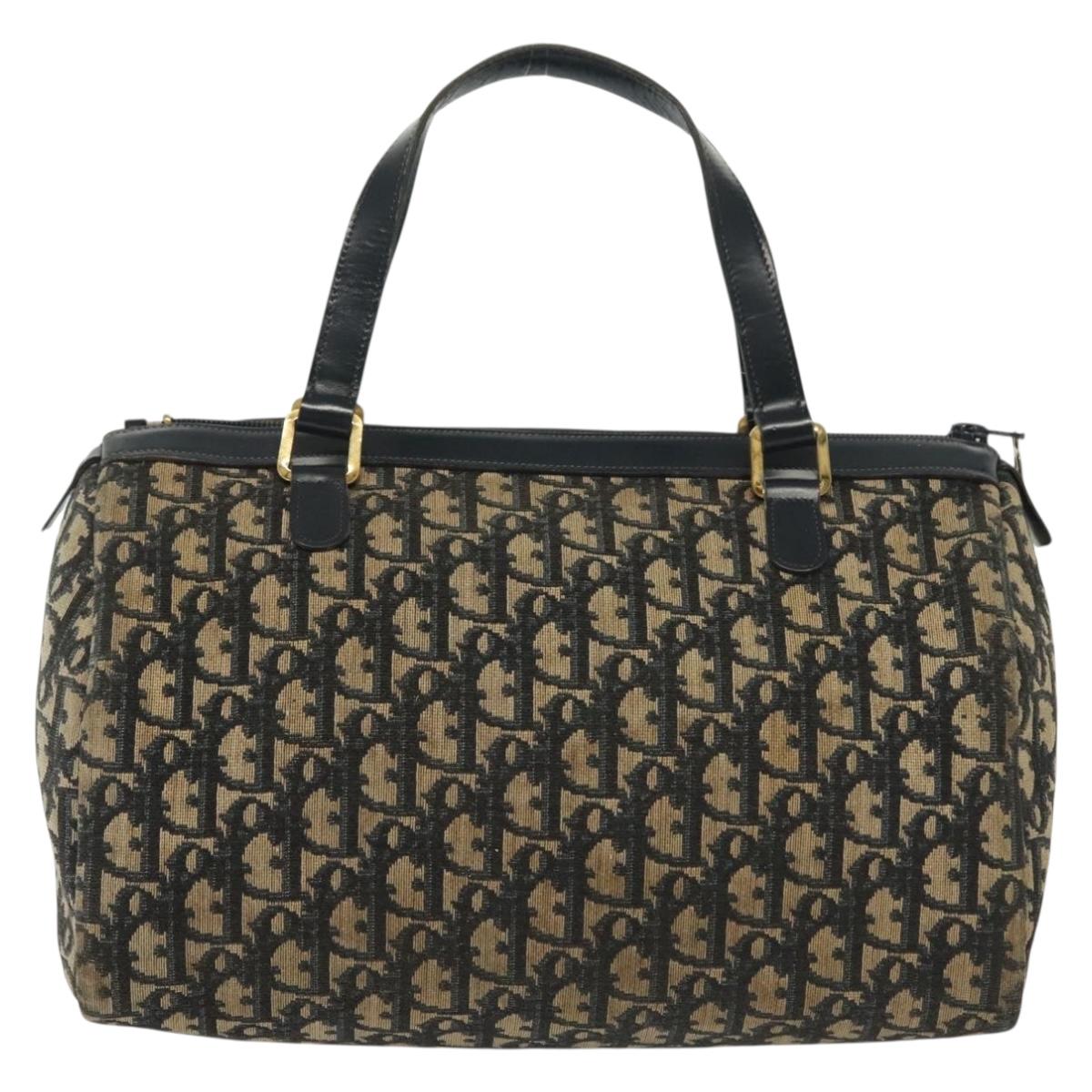 Christian Dior Trotter Canvas Boston Bag Navy Gold Auth 140966