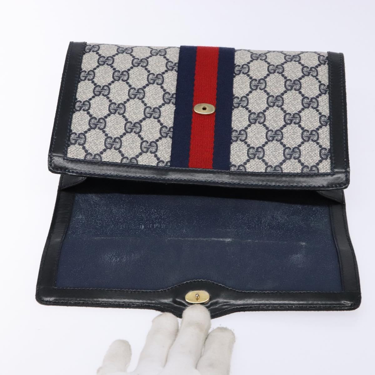 GUCCI GG Supreme Sherry Line Clutch Bag PVC Navy Gold 67 014 3087 Auth 140986