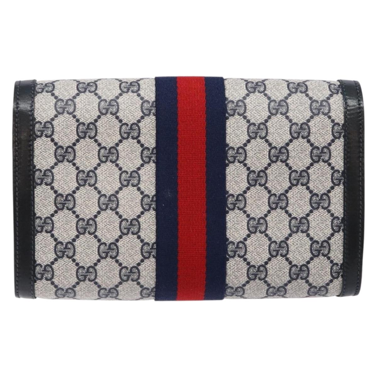 GUCCI GG Supreme Sherry Line Clutch Bag PVC Navy Gold 67 014 3087 Auth 140986
