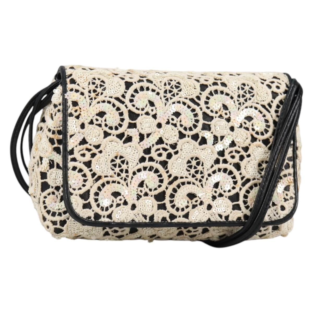 CHANEL Sequin Shoulder Bag Leather White Gold CC Auth 140995