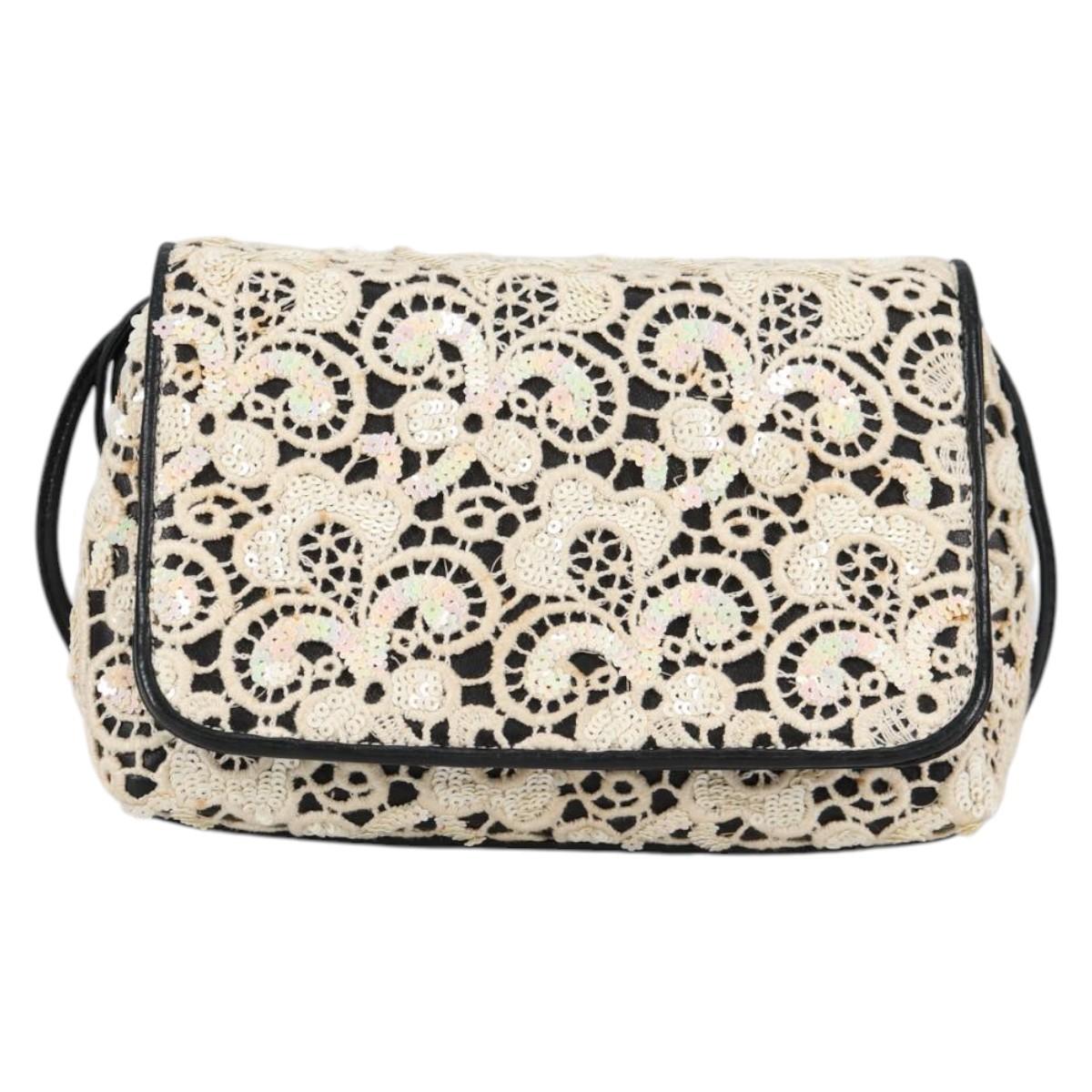 CHANEL Sequin Shoulder Bag Leather White Gold CC Auth 140995