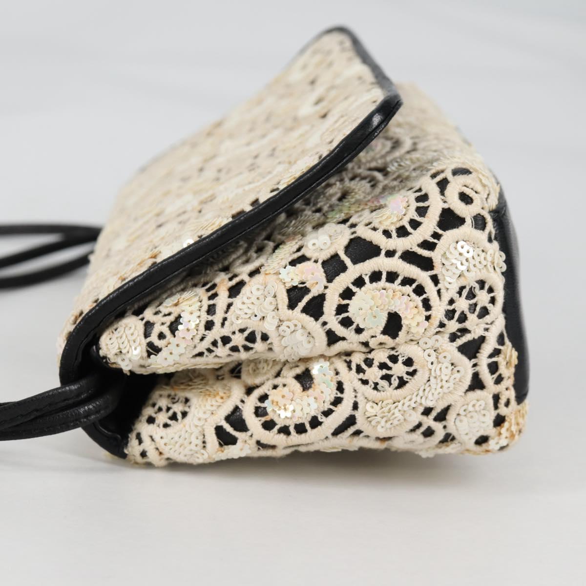 CHANEL Sequin Shoulder Bag Leather White Gold CC Auth 140995