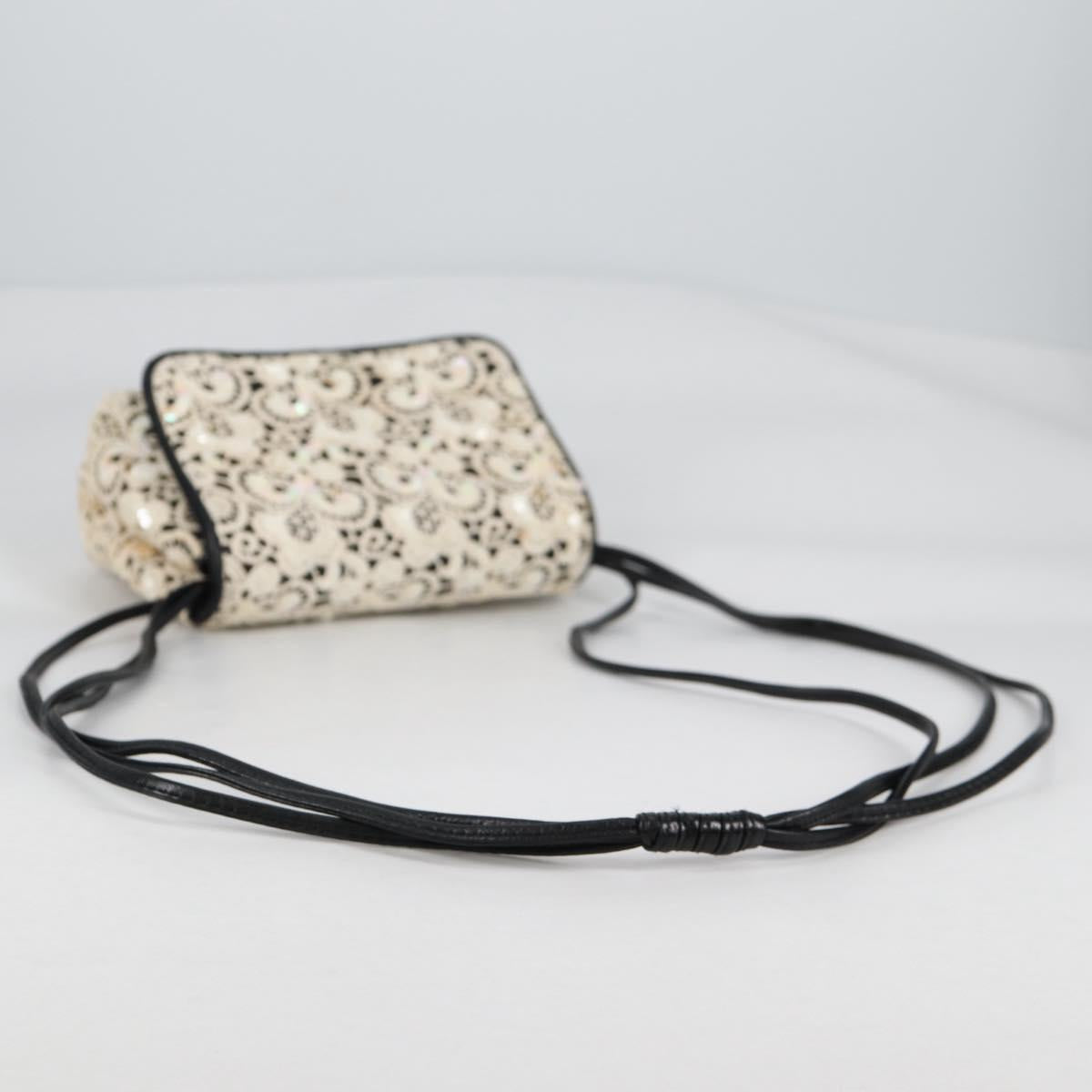CHANEL Sequin Shoulder Bag Leather White Gold CC Auth 140995