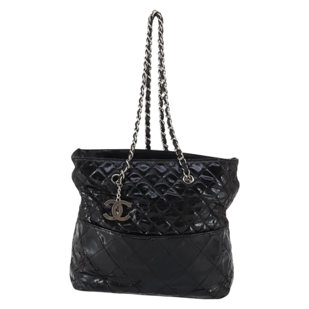 CHANEL Wild Stitch Chain Shoulder Bag Patent leather Black Silver CC Auth 140996