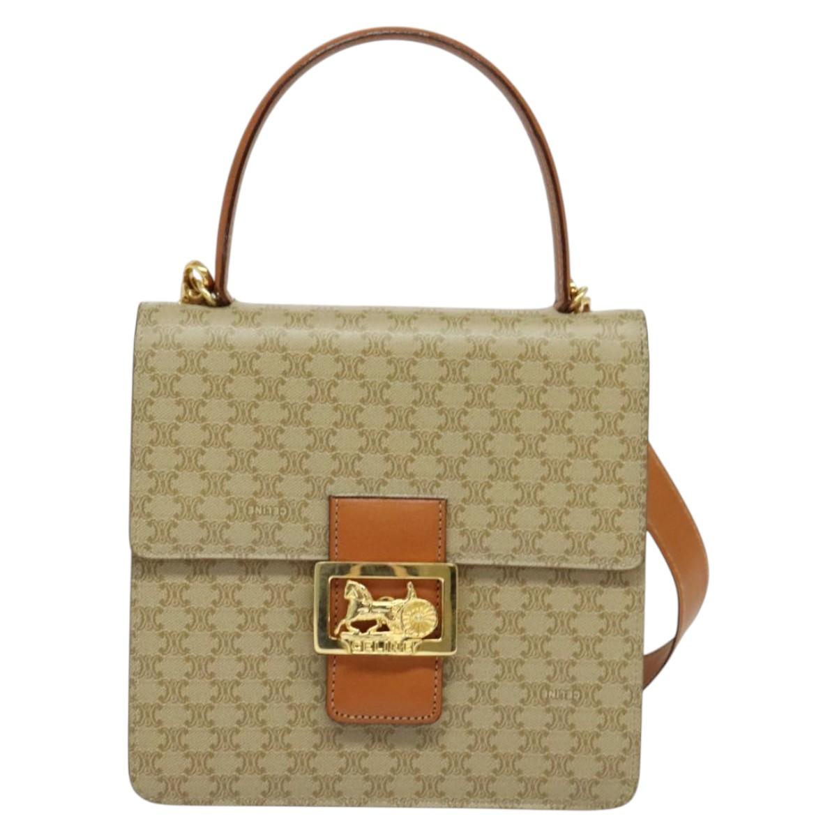 CELINE Macadam Canvas Hand Bag PVC 2way Beige Gold Auth 141009