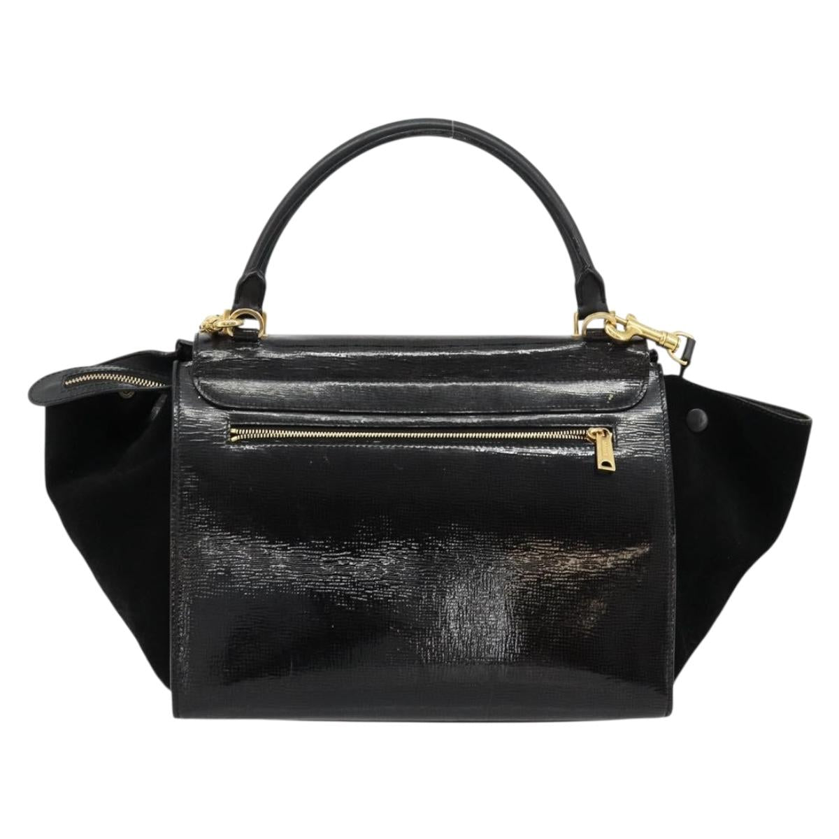 CELINE Trapeze Hand Bag Leather 2way Black Gold Auth 141011