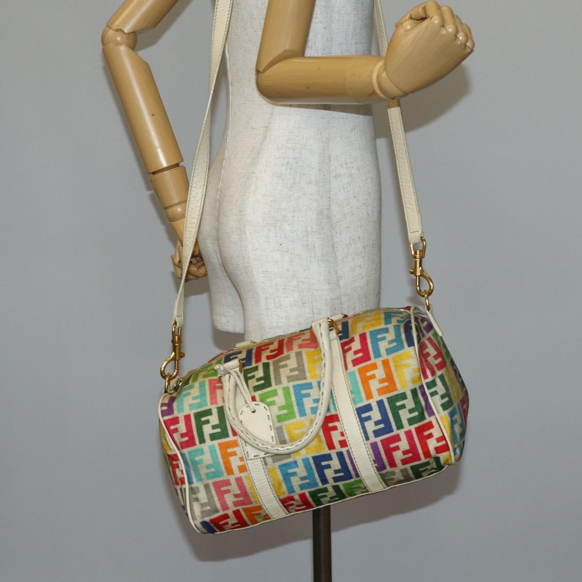 FENDI Zucca Canvas Boston Bag PVC 2way Multicolor Gold Auth 141028