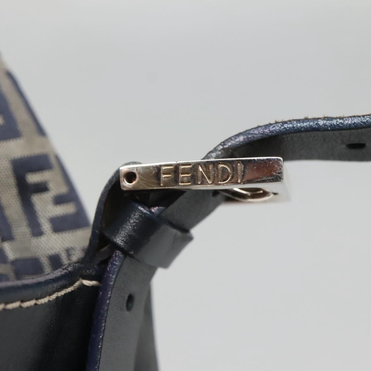FENDI Zucchino Canvas Shoulder Bag Navy Silver Auth 141032