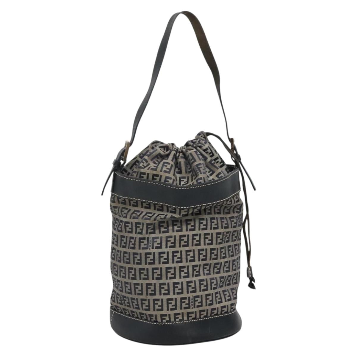 FENDI Zucchino Canvas Shoulder Bag Navy Silver Auth 141032