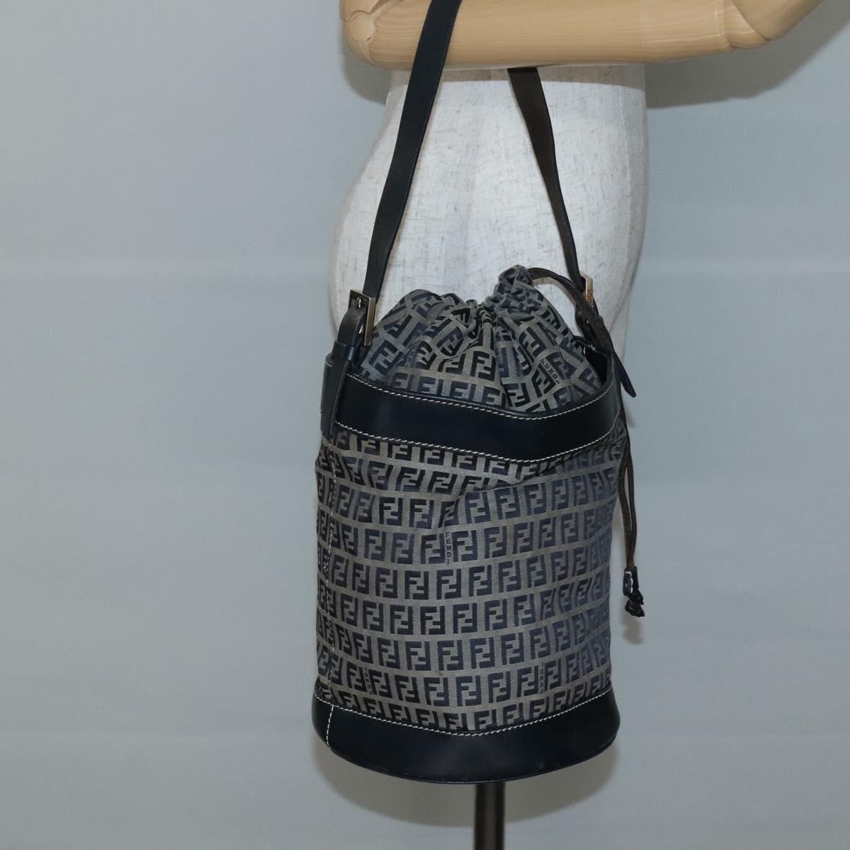 FENDI Zucchino Canvas Shoulder Bag Navy Silver Auth 141032