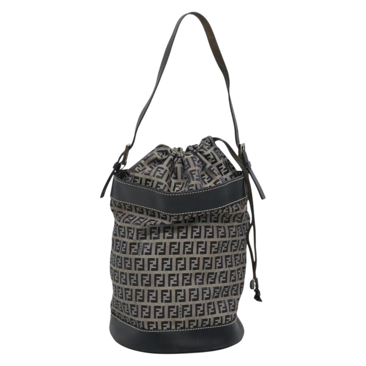 FENDI Zucchino Canvas Shoulder Bag Navy Silver Auth 141032