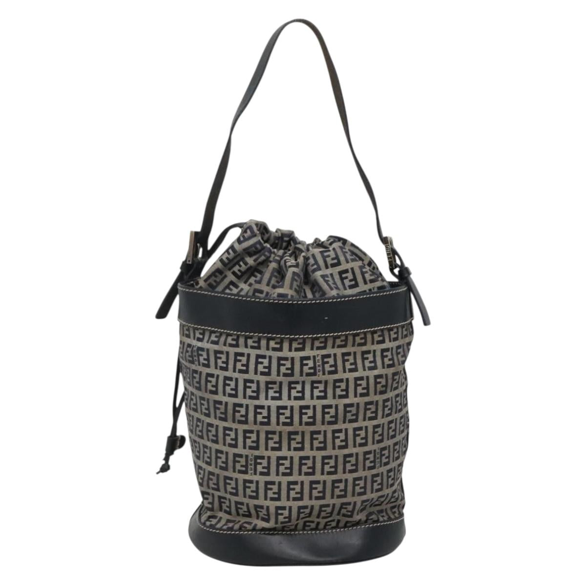 FENDI Zucchino Canvas Shoulder Bag Navy Silver Auth 141032