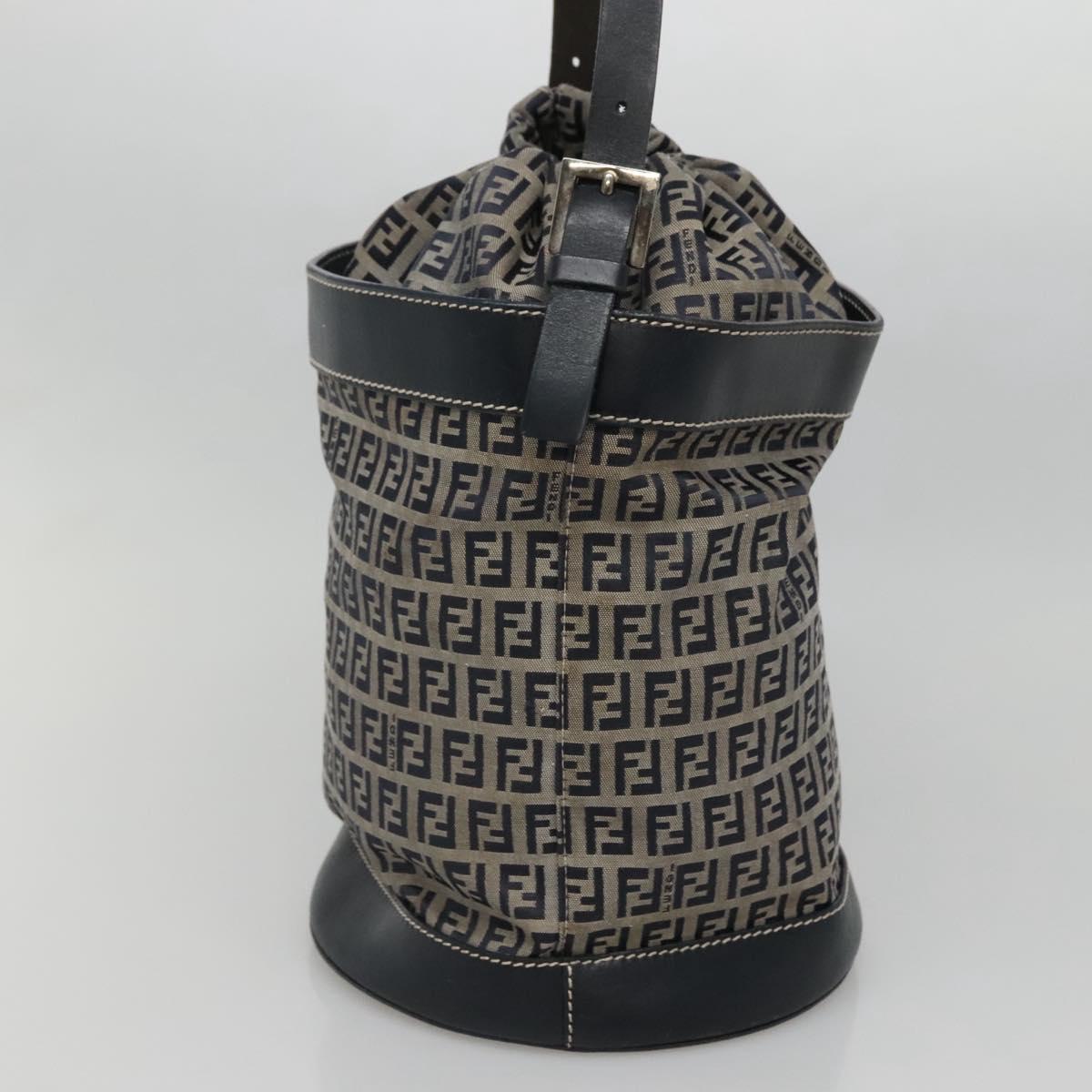 FENDI Zucchino Canvas Shoulder Bag Navy Silver Auth 141032