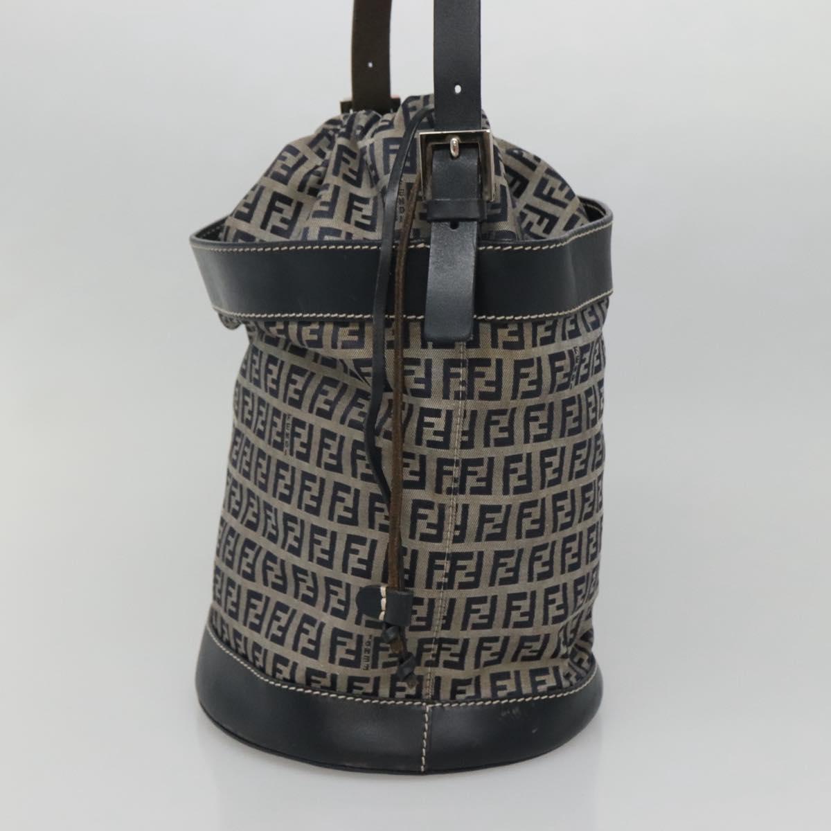 FENDI Zucchino Canvas Shoulder Bag Navy Silver Auth 141032
