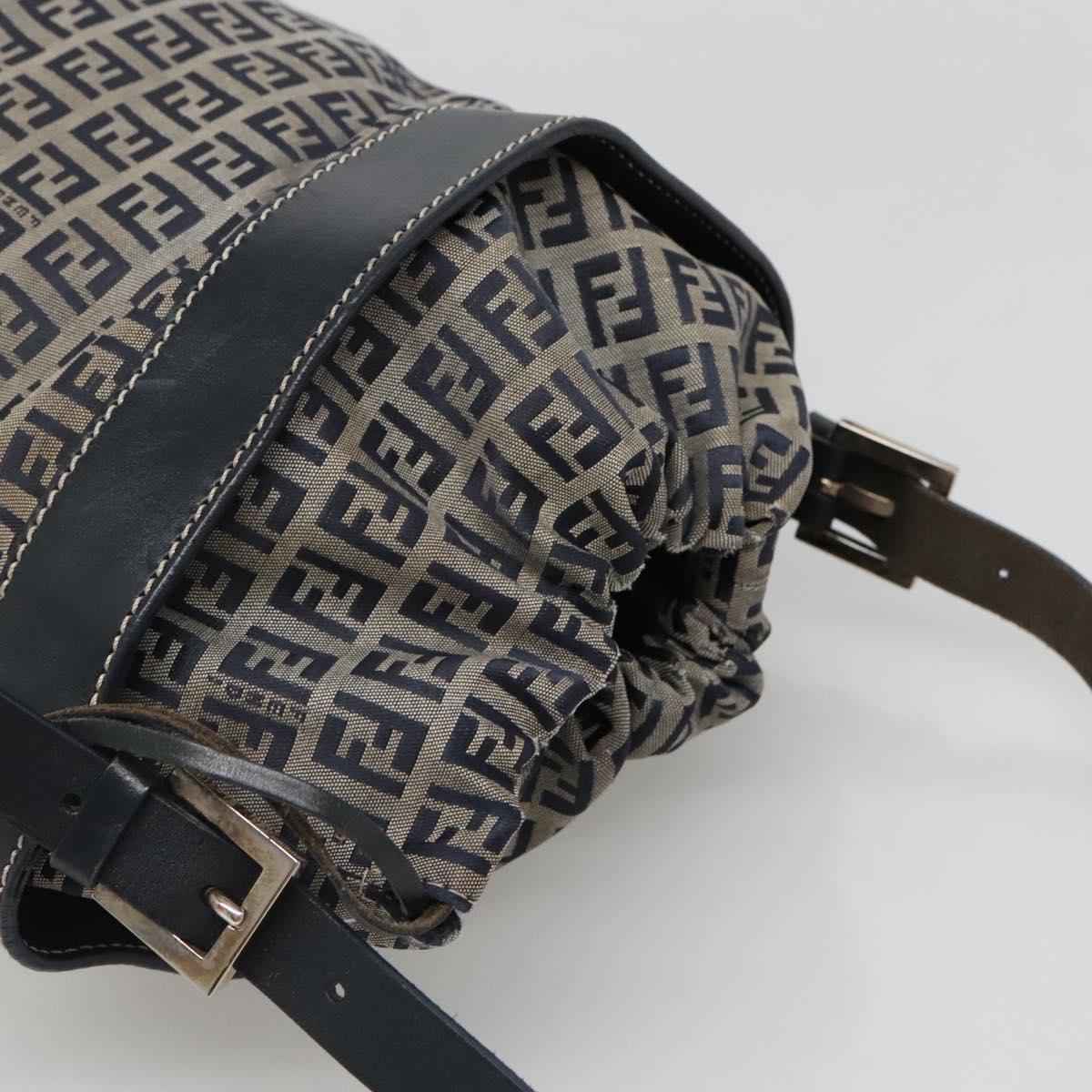 FENDI Zucchino Canvas Shoulder Bag Navy Silver Auth 141032