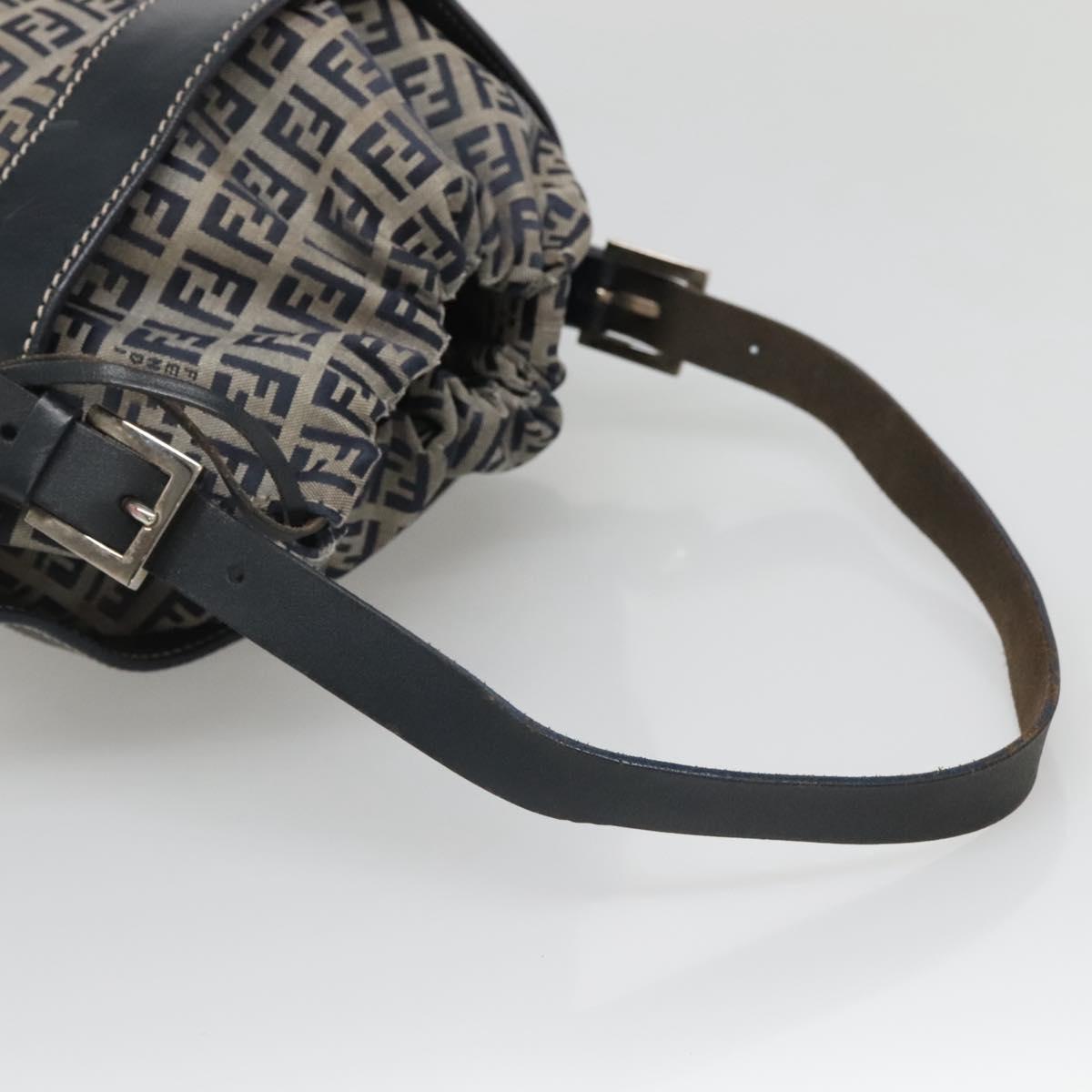 FENDI Zucchino Canvas Shoulder Bag Navy Silver Auth 141032