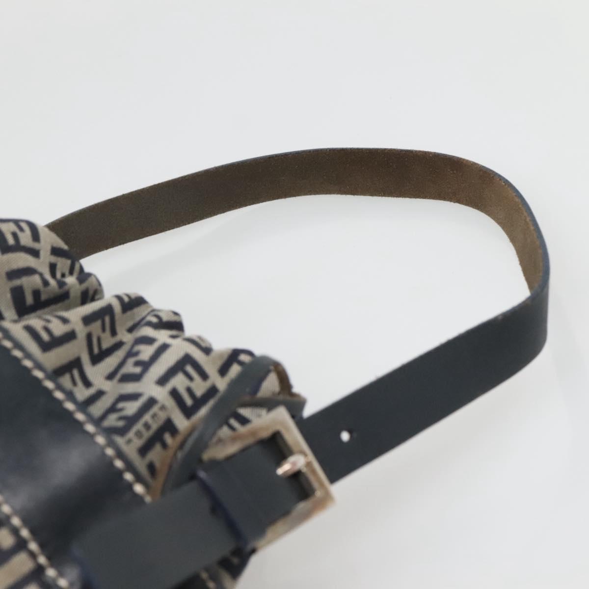 FENDI Zucchino Canvas Shoulder Bag Navy Silver Auth 141032