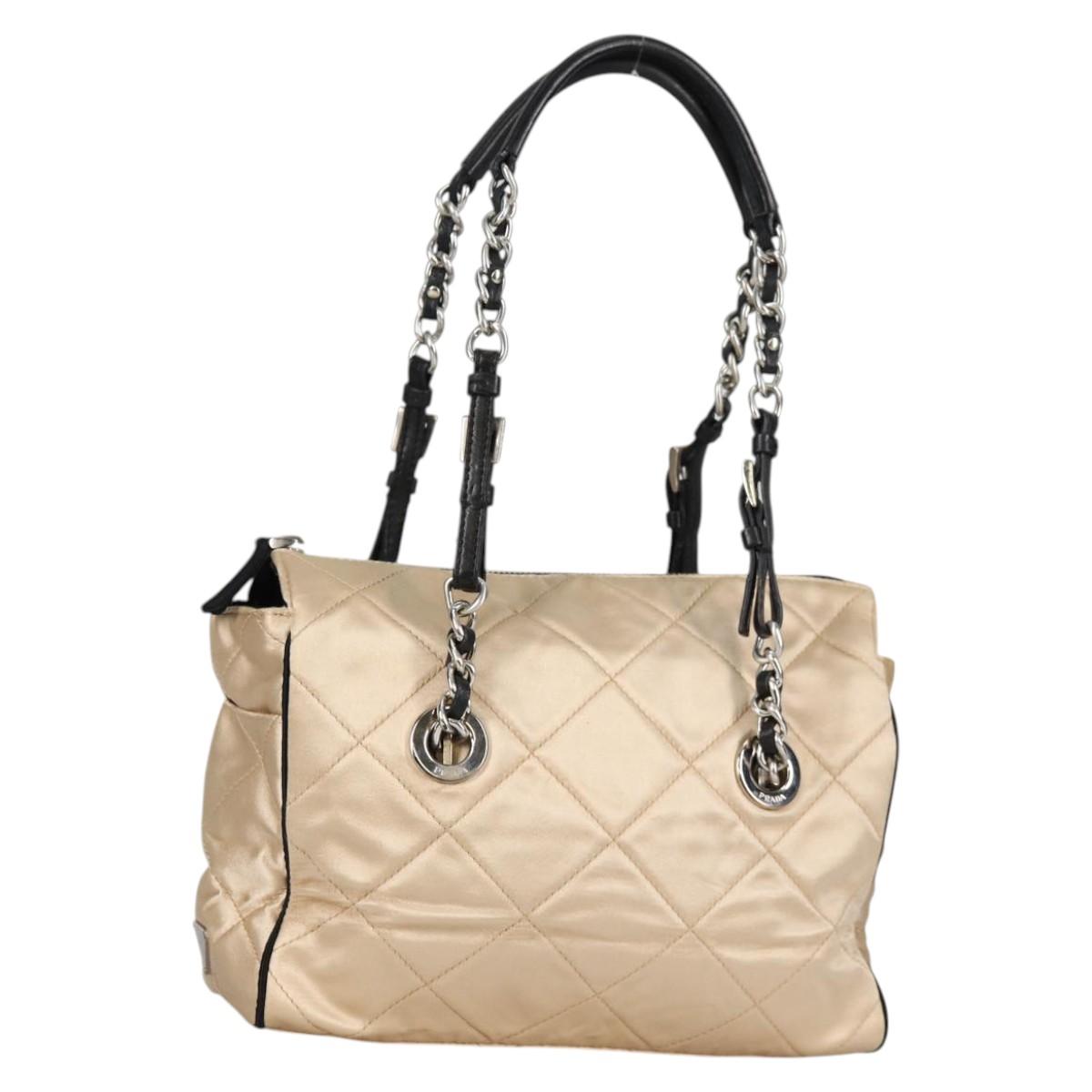 PRADA Chain Shoulder Bag Satin Beige Silver Auth 141037V