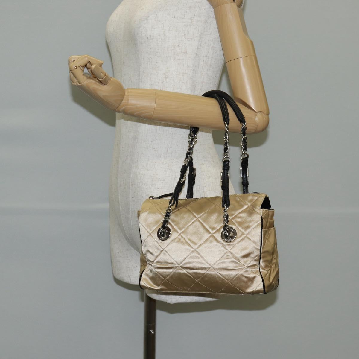 PRADA Chain Shoulder Bag Satin Beige Silver Auth 141037V