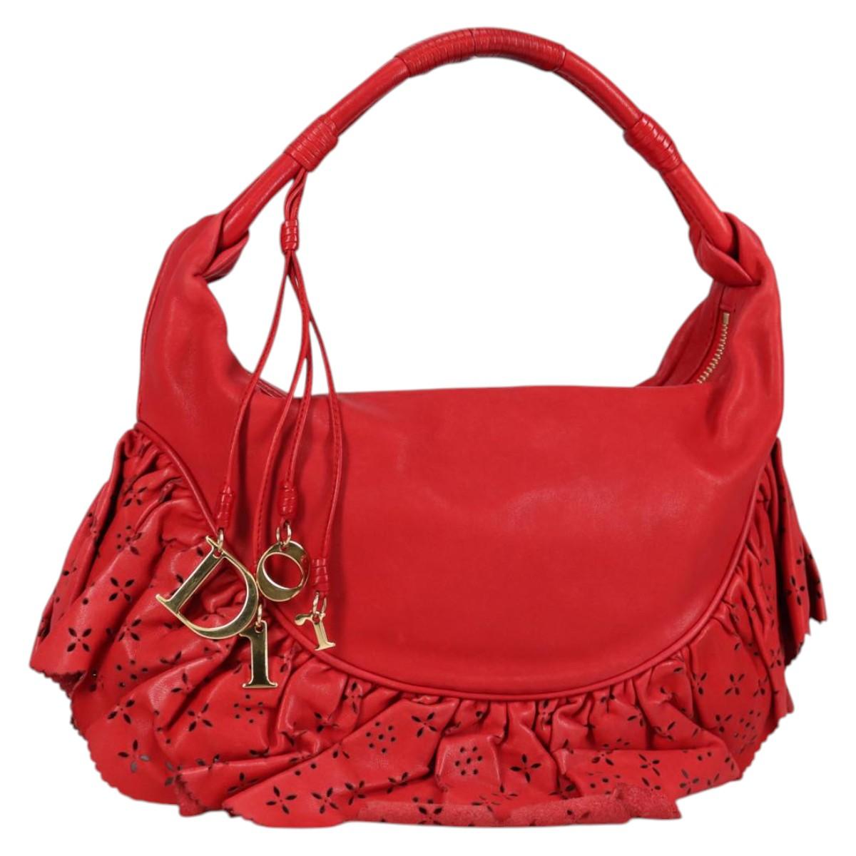 Christian Dior Hand Bag Leather Red Gold Auth 141073V