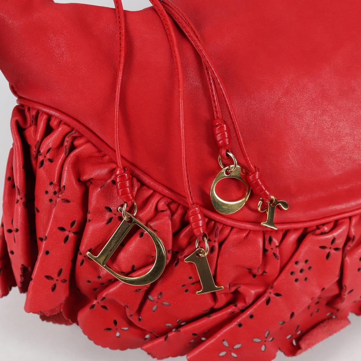 Christian Dior Hand Bag Leather Red Gold Auth 141073V